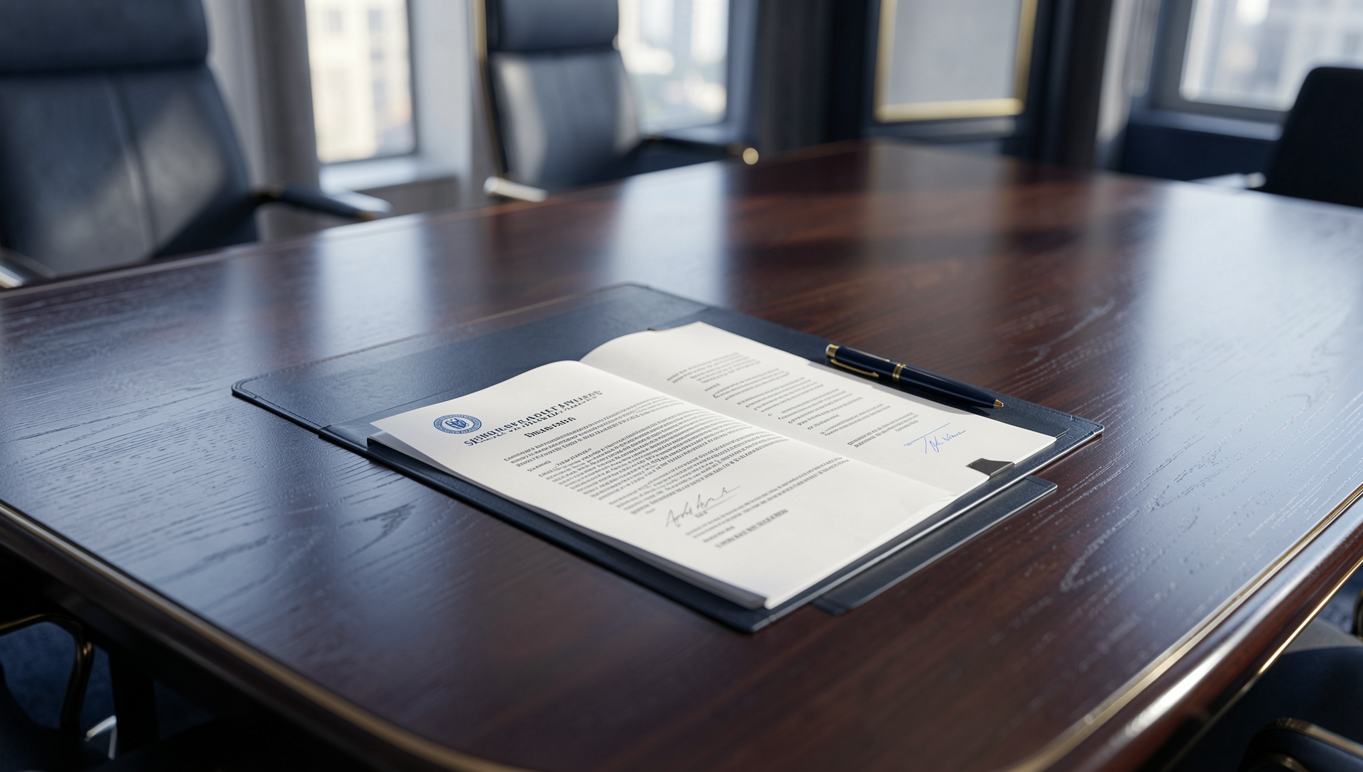 Mesa de reunião com contrato administrativo aberto, remetendo ao limite de aditivo contratual na Lei 14.133/2021