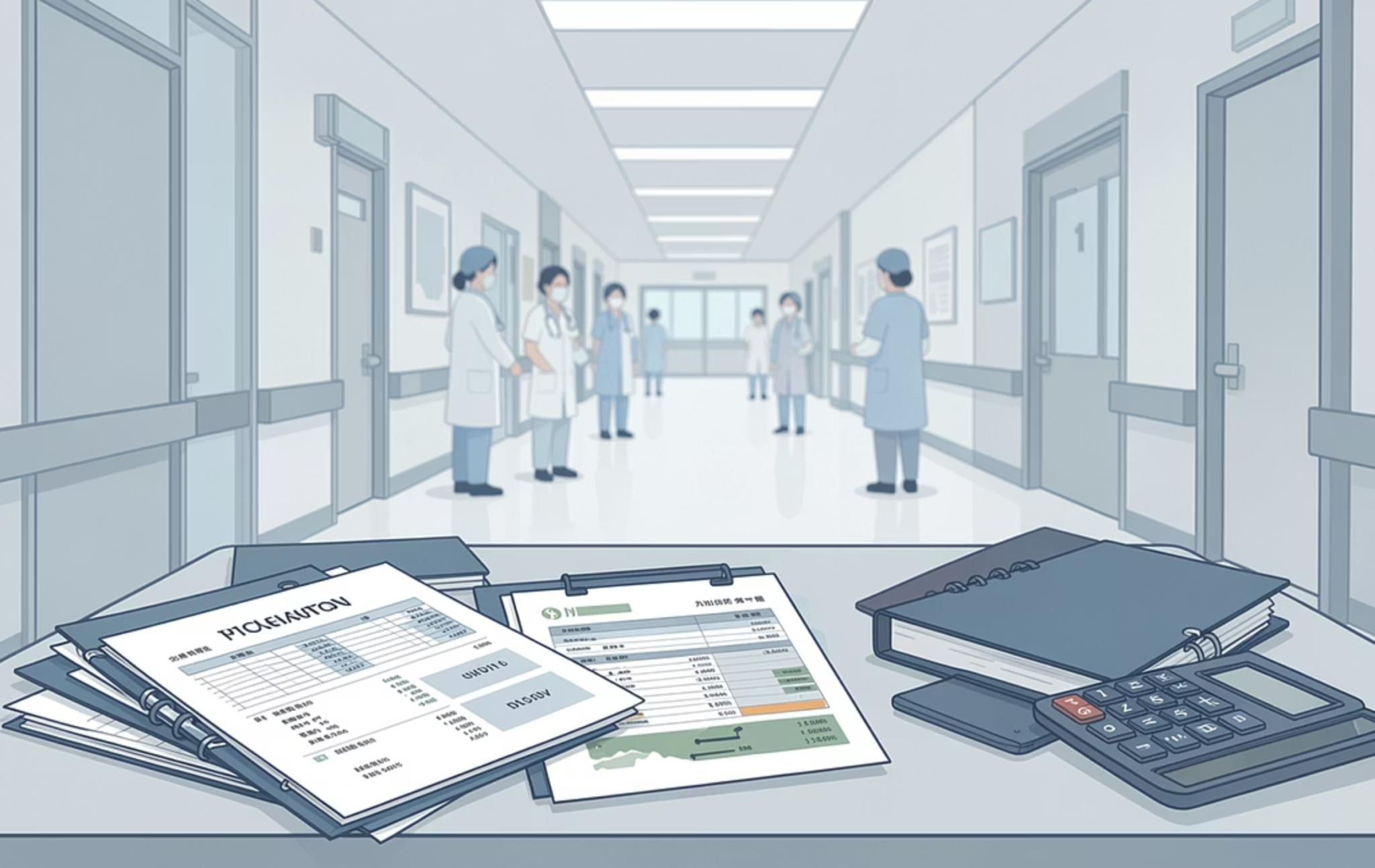 Serviços Hospitalares: IRPJ e CSLL no Lucro Presumido Ambiente hospitalar e documentos contábeis simbolizando IRPJ e CSLL sobre serviços hospitalares no lucro presumido